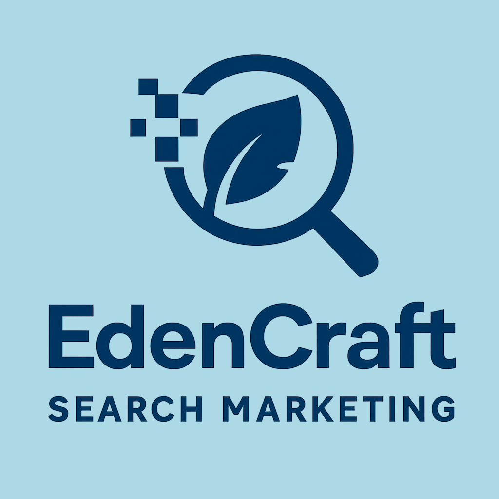 Logo for EdenCraft Search Marketing. Logo has a pixealted leaf inside a magnifying glass